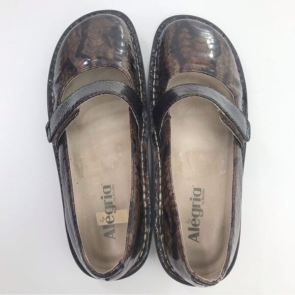 Alegria FELIZ 713 Brown Patent Leather Snakeskin Print Mary Jane Support Shoes - Picture 10 of 16